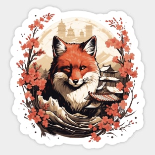 Red Fox Japanese Art with Sakura Trees Sticker